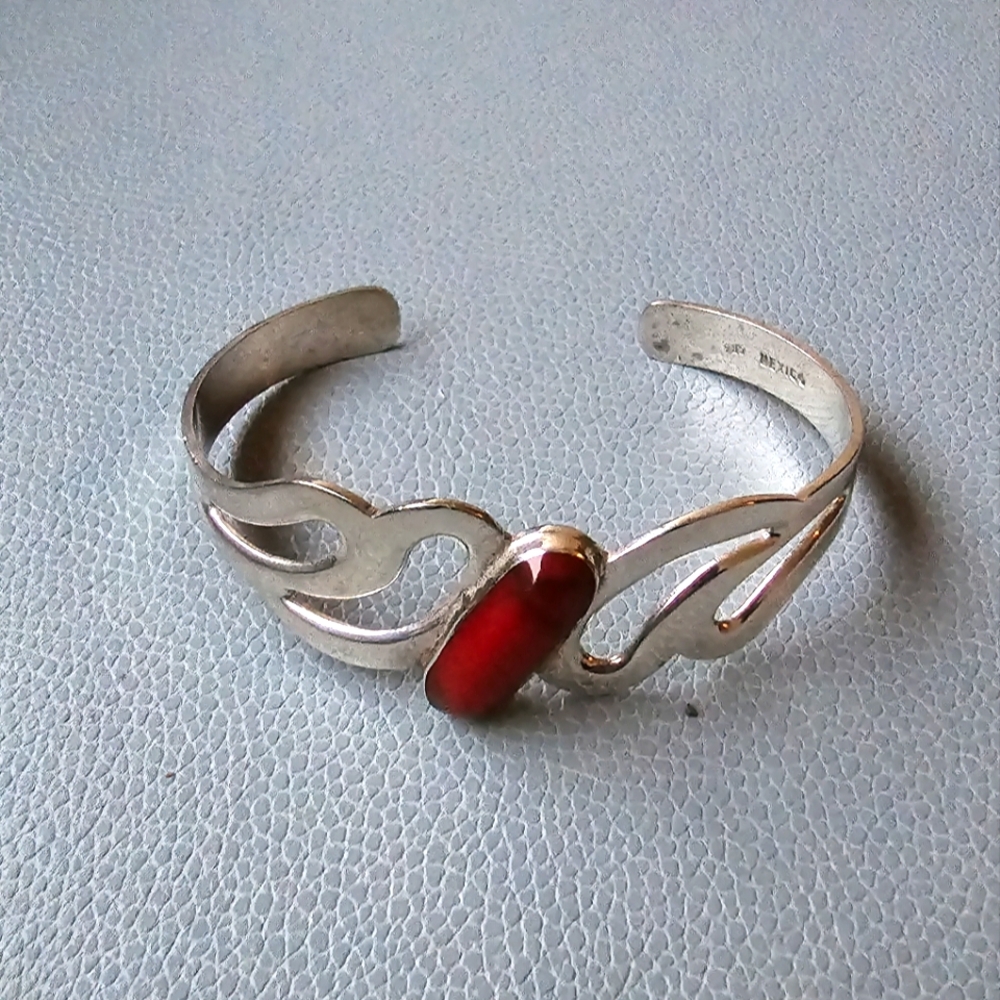 Carnelian 925 Silver Cuff Bracelet Made In Mexico
